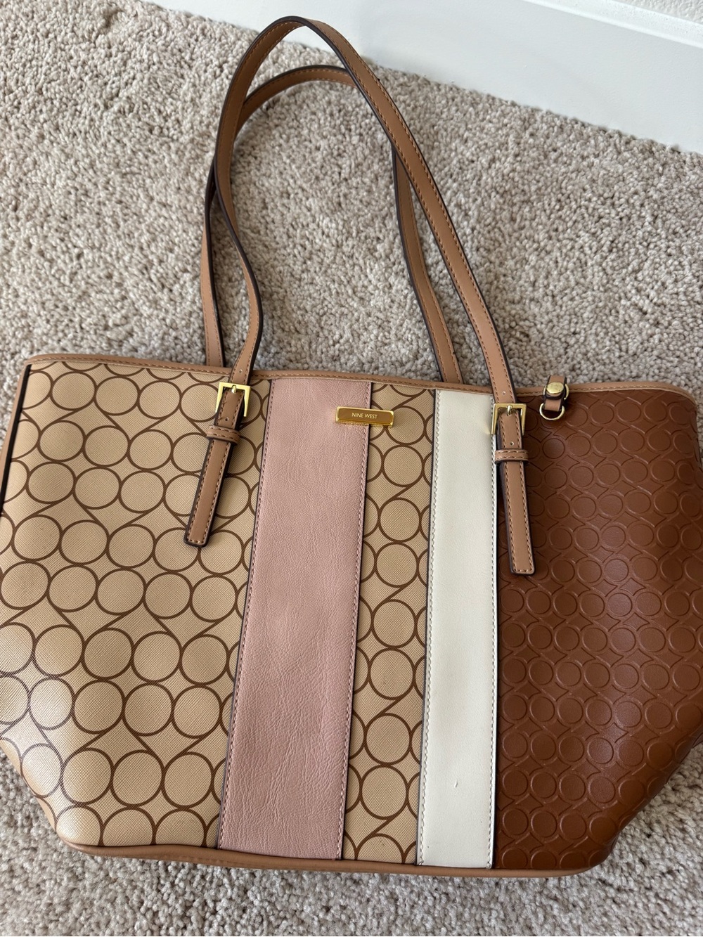 Nine West Pink, Cream and Brown Signature Stripe Tote